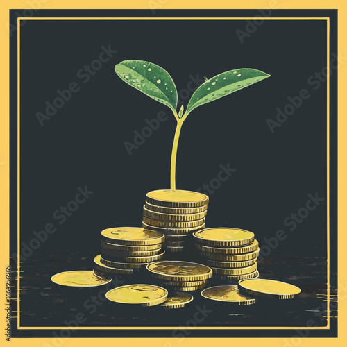 A small plant sprouts from a stack of gold coins, symbolizing growth and financial prosperity.
