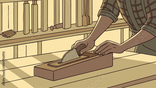 A person sawing a piece of wood in a workshop, using hand tools on a workbench.