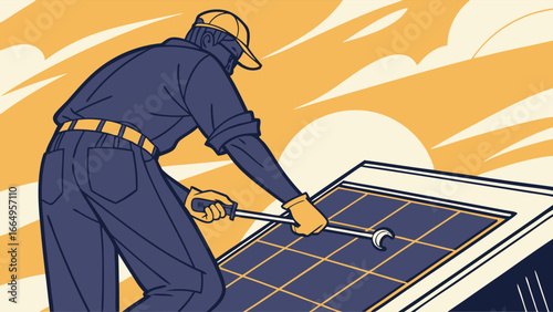 A technician installs or repairs a solar panel on a rooftop, showcasing renewable energy maintenance.