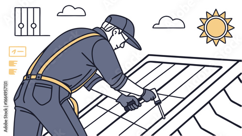 A worker installs solar panels on a roof, focused on the task.