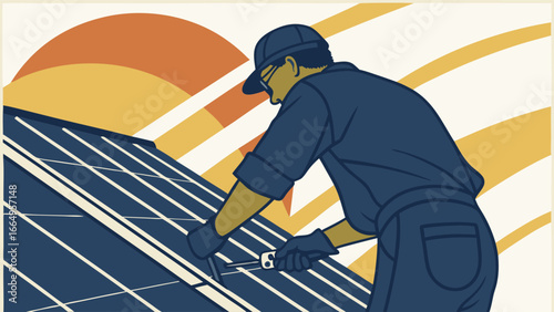 A worker installs solar panels on a rooftop under a stylized sun.