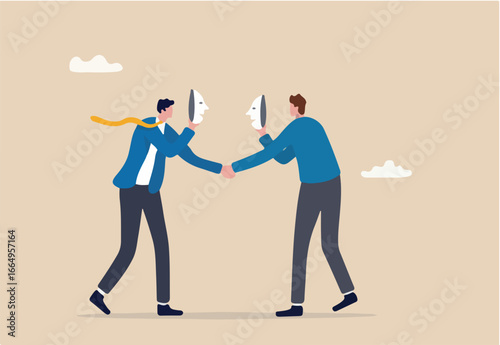 Dishonesty partnership or fake agreement, liar or suspicion fraud, betrayal or politics deal, hidden threat ready to stab behind concept, businessmen handshake both holding mask to hide real thought.