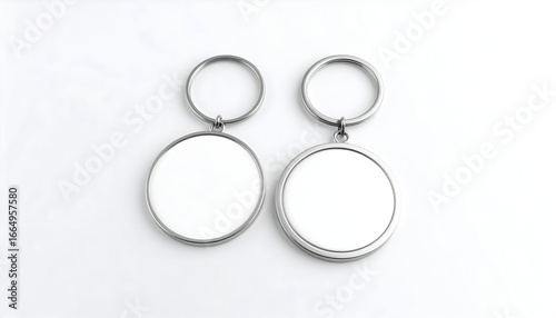 Pair of Round Metal Keychains with Blank White Inserts, Isolated on a Clean White Background for Mockup