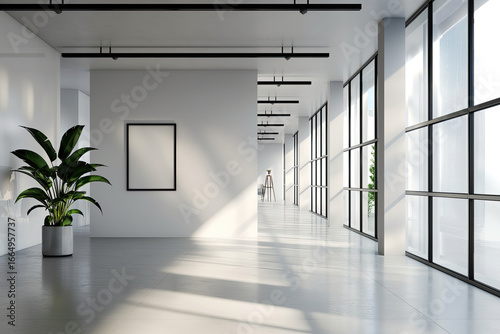 Sunlit modern office corridor with floor-to-ceiling windows, blank poster frame and potted plant — minimalist interior