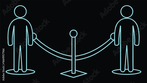 Social distancing concept with two people standing apart separated by rope barrier on black background illustration
