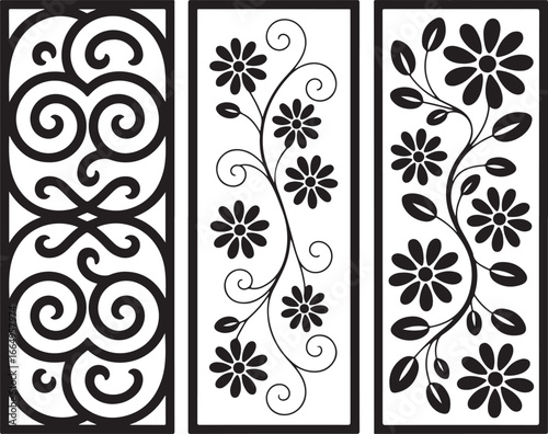 A set of three decorative laser-cut panels with intricate floral and scrollwork patterns, designed in a black-and-white style for elegant ornamental dividers or screens.