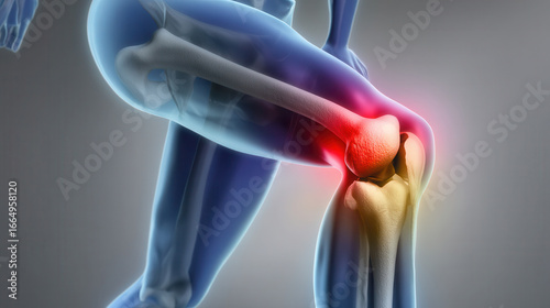 Highlighted area of knee pain, possibly indicating tendinitis, with focus on joint and surrounding structures