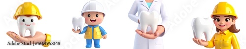 Hand holding tooth child in construction uniform with tooth dentist in coat woman in yellow helmet holding tooth dental care smiling healthy teeth cartoon style