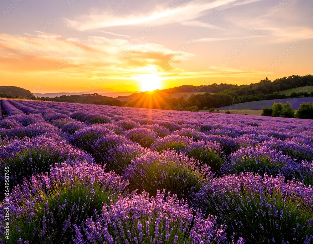 Naklejka premium Lavender field at sunset. Vast expanse of purple lavender flowers under a golden sunset