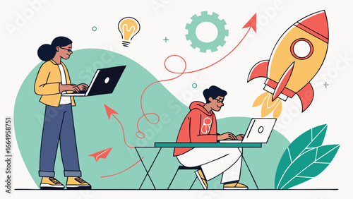 Collaborative Startup Team:  Innovative Design,  Laptop Computers, Rocket Launch Concept Illustration