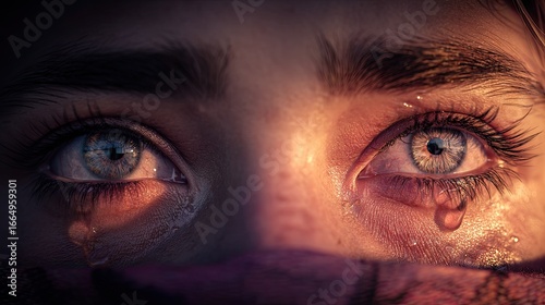 Close-up of eyes looking upward with tears reflecting morning light, hope and faith in the gaze, cinematic clarity.