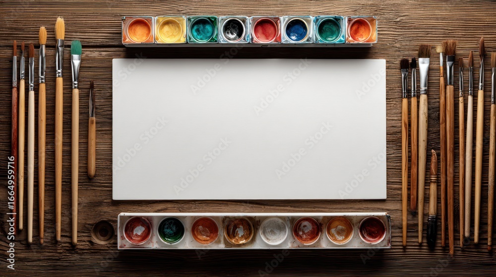 Naklejka premium Paintbrushes and palette framing blank canvas on rustic wooden background