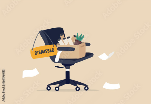 Dismissed staff, lay off or unemployed employee, losing job or being fired, retired staff, quit or resign from job position concept, office chair with package and dismissal sign.
