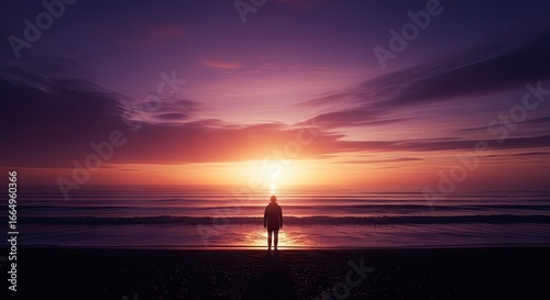 A silhouette of a person lifting arms in worship against a radiant dawn sky, epic wide shot.