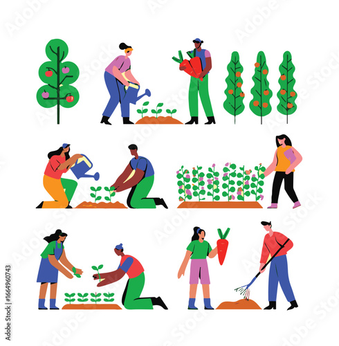 Gardening Together: A vibrant illustration showcases diverse individuals engaged in various gardening activities, embodying the beauty of teamwork and the joy of nurturing life.