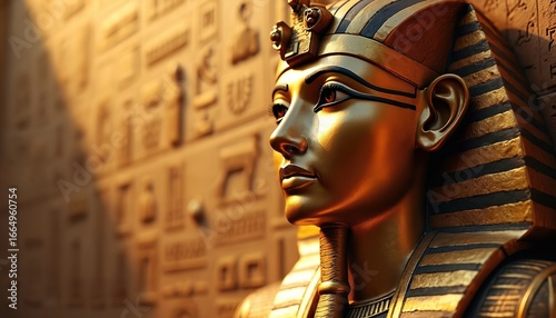 Golden bust of Egyptian pharaoh features intricate headdress, detailed hieroglyphic background. This ancient royalty artwork with empty copy space evokes history, culture, archaeological discovery.