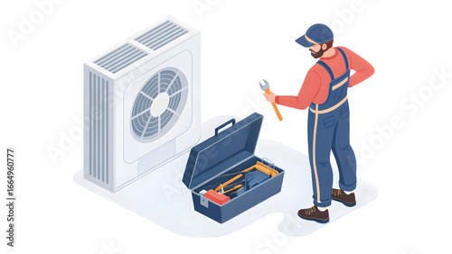 HVAC technician with toolbox and air conditioner repair illustration