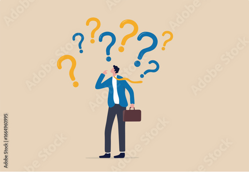 Uncertainty, confusion and decision making, choosing options or choices, answer for question or solution, problem solving, frustrated businessman thinking and make decision with many question marks.