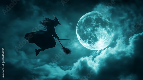 Wicked witch flying on a broomstick under the moon