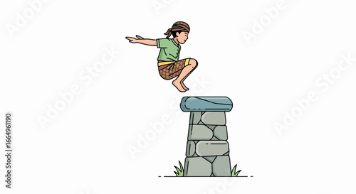 Young man jumping over stone structure.