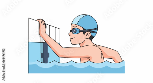 Swimmer in pool ready to swim wearing cap and goggles touching the wall.