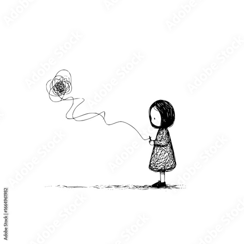 Conceptual art drawing of a girl unraveling a tangled thread representing mental health and emotional wellbeing