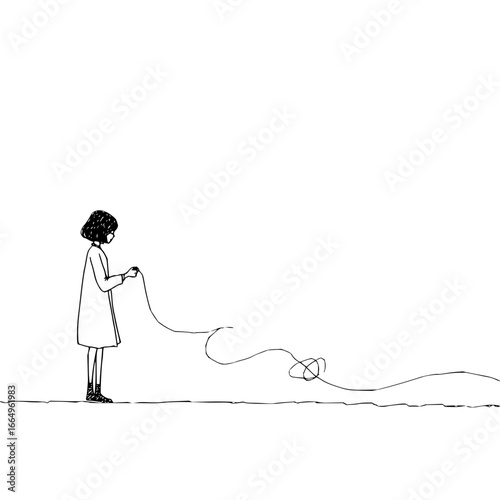 Minimalist line art drawing of a girl unraveling a tangled thread illustration vector graphic design