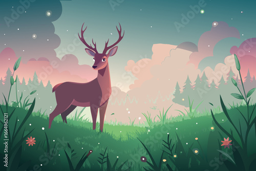 A majestic stag with large antlers stands in a lush green meadow with trees and a colorful sky in the background