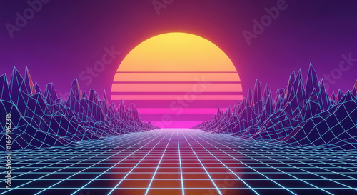 Vaporwave Landscape with Sunset and Grid, Evoking Nostalgia and Synthwave Aesthetics, Perfect for Digital Art and Futuristic Designs with a Retro-Inspired Theme