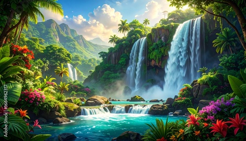 Colorful Jungle Scene with Twin Waterfalls