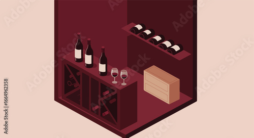 Wine bottles displayed in cellar with glasses, cabinet and shelf; vector graphic use
