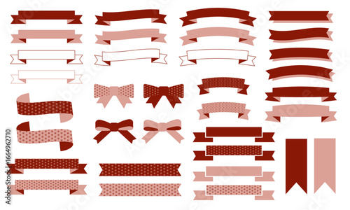 おしゃれで可愛いレトロな赤とピンクとドットのリボンのイラスト素材セット