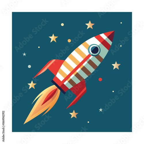 Retro rocket ship blasting off with stars spaceship