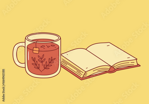 Illustration of open book and a tea bag steeping in a mug against a plain background
