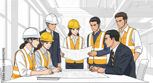 Construction team reviewing blueprints in a modern office setting.