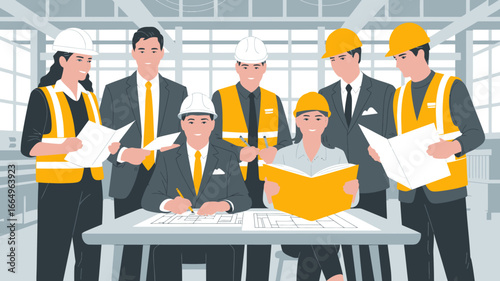 A team of architects and engineers collaborate on blueprints, reviewing plans in a modern industrial setting.