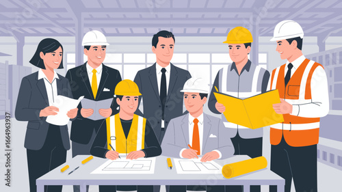A group of construction professionals reviewing blueprints, discussing project details, and collaborating in a meeting.