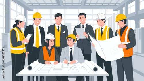 A team of construction workers and managers reviewing blueprints in a modern industrial setting, wearing hard hats and vests.