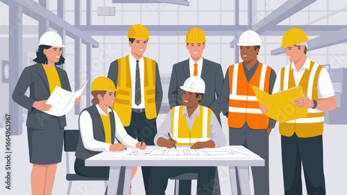 Construction team collaborating on blueprints in a modern factory setting.