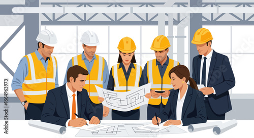 Engineering team collaborates on blueprints in industrial setting.