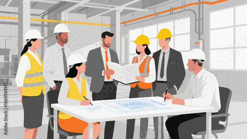 Team of architects and engineers collaborating on blueprints in a factory setting.