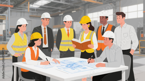 Team of engineers and managers reviewing blueprints and documents at a construction site or factory, wearing hard hats and vests.