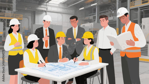 Team of engineers and executives collaborate on blueprints in a factory setting.