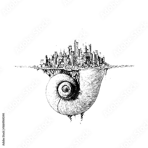 Conceptual art drawing of a city on a snail shell black and white cityscape architectural fantasy illustration