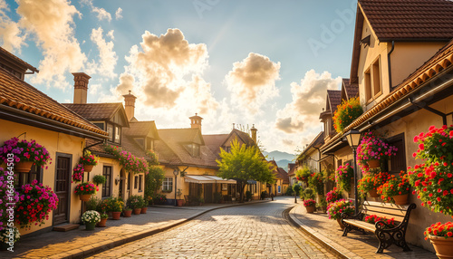 Fototapeta Naklejka Na Ścianę i Meble -  A small town street with houses on both sides and a bench in the middle