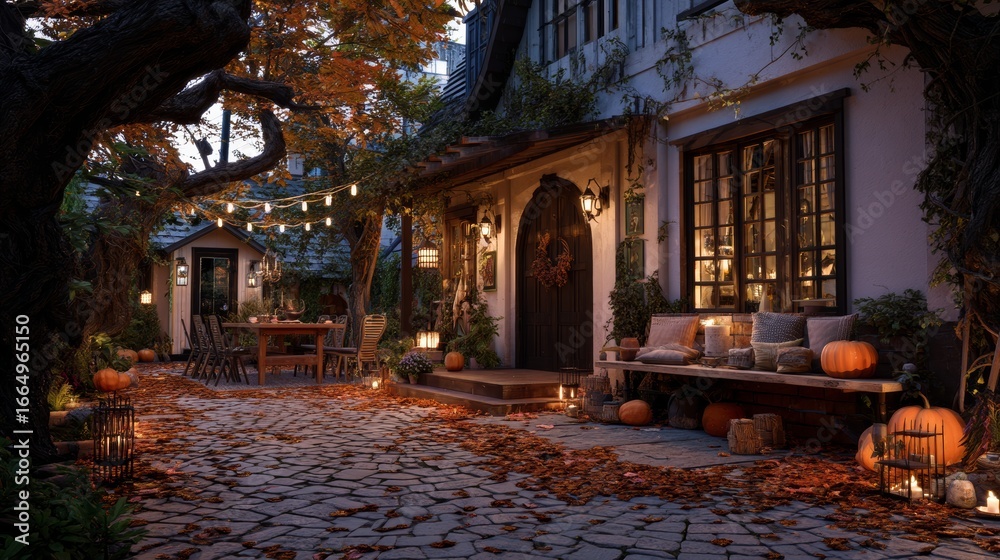 Obraz premium Cozy autumn front yard decorated with pumpkins, lanterns, and fallen leaves at twilight