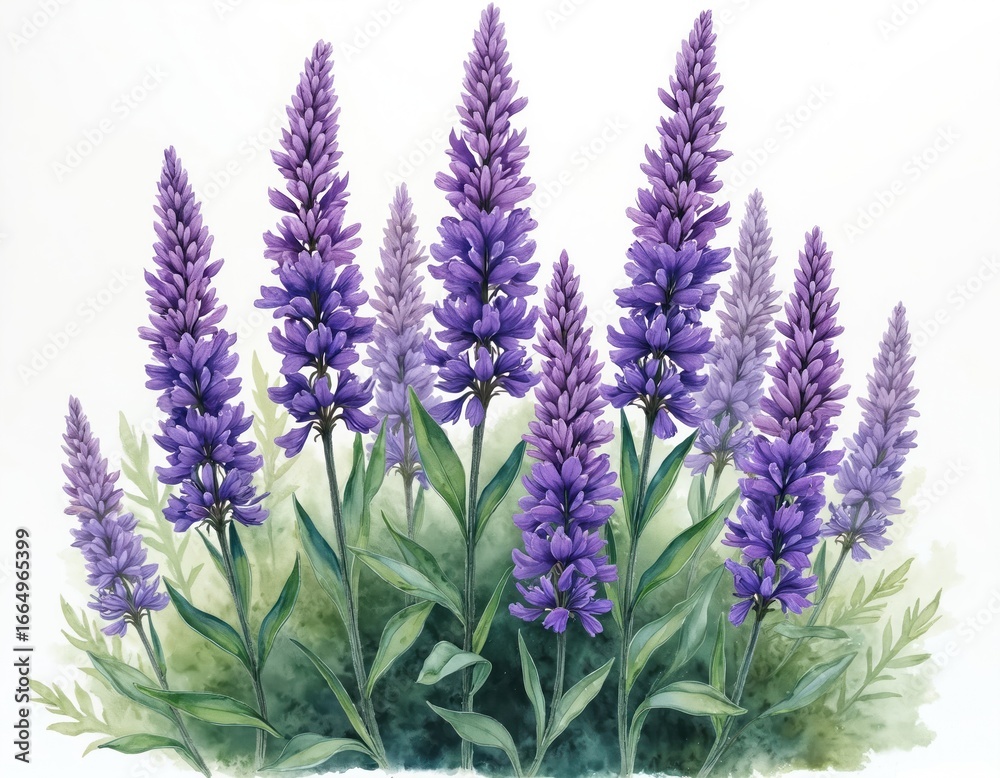 Fototapeta premium Serene garden scene with cluster of purple lavender flowers in full bloom. Vibrant purple flowers arranged in circular pattern, stems extending upwards, leaves reaching outwards. Soothing light green