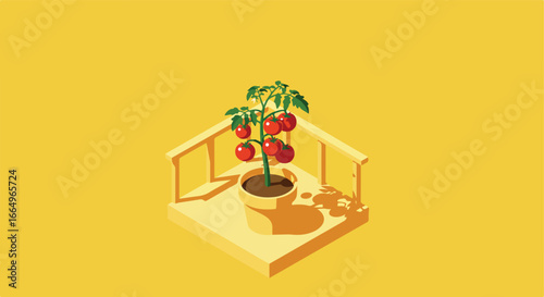 Potted tomato plant, on isometric platform. Can be used for design, graphic design