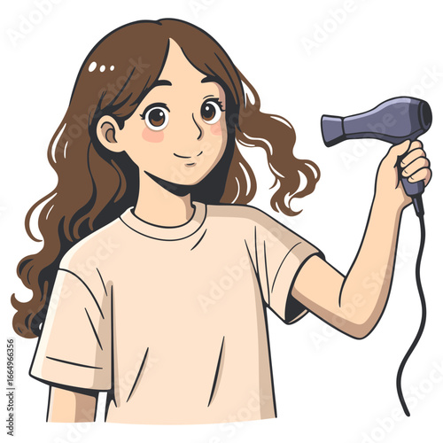 Girl with cheerful mood drying hair with hairdryer