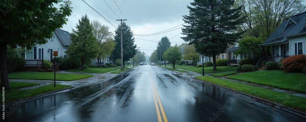 Naklejka premium Wet street after rain, grey sky with moody clouds. Neighborhood view, residential houses, trees on the sides of road, wet pavement reflects cloudy sky. Urban landscape, natural environment, calm.